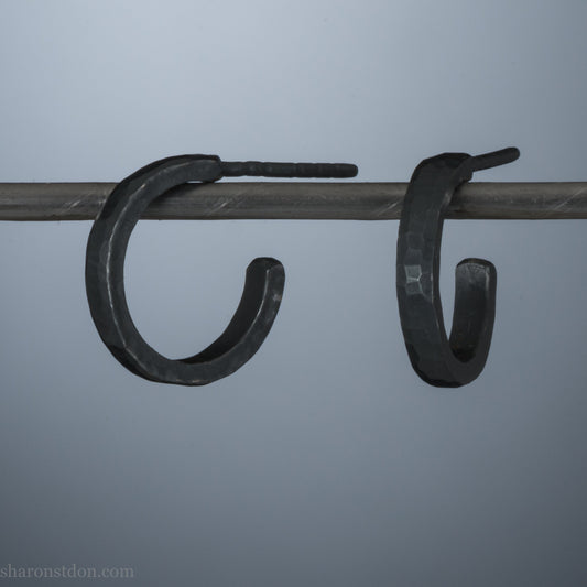 Hand hammered solid 925 sterling silver hoop earrings, oxidized black, 14mm diameter x 2mm wide.