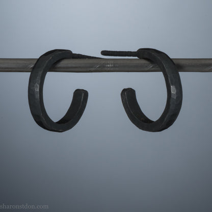 Hand hammered solid 925 sterling silver hoop earrings, oxidized black, 14mm diameter x 2mm wide.