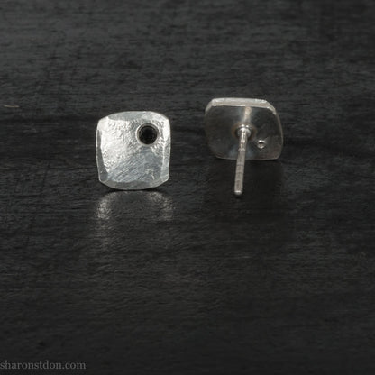 Black spinel stud earrings in sterling silver, 7mm square with matte finish.