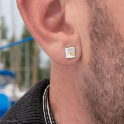 Canary yellow diamond gemstone stud post earrings. Solid 925 sterling silver, 7mm square with a 2mm round diamond flush set in the corner. Handmade by Sharon SaintDon in North America.