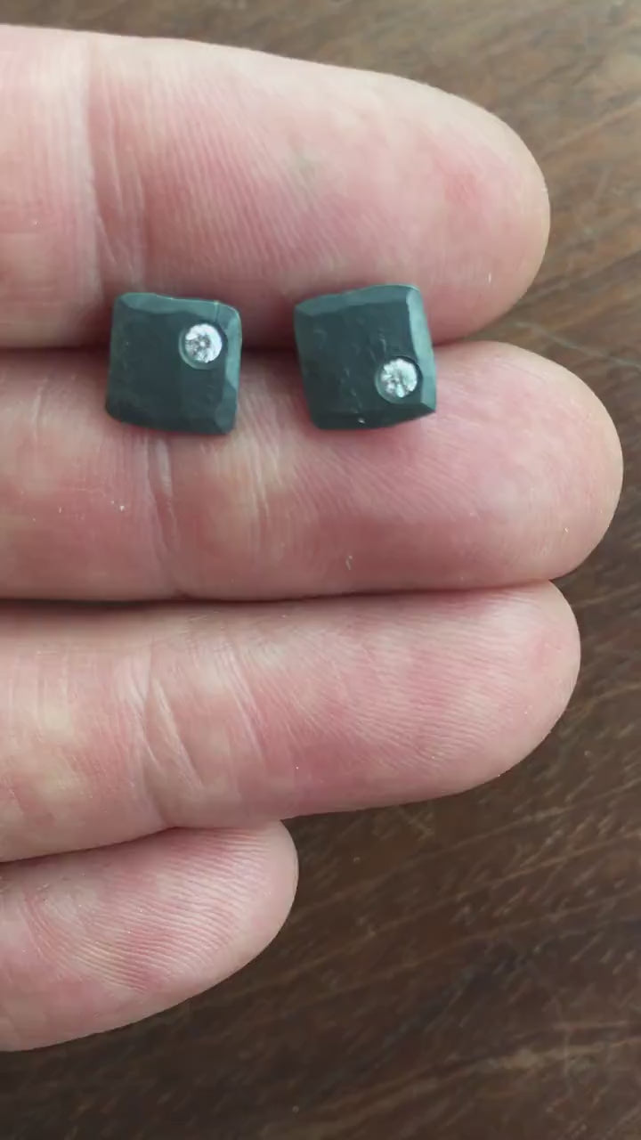 Cubic zirconia black silver stud earrings, 7mm square