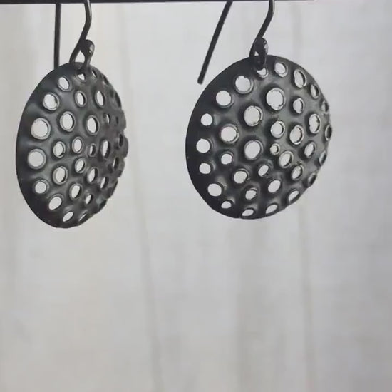25mm round disc dangle earrings, perforated black silver