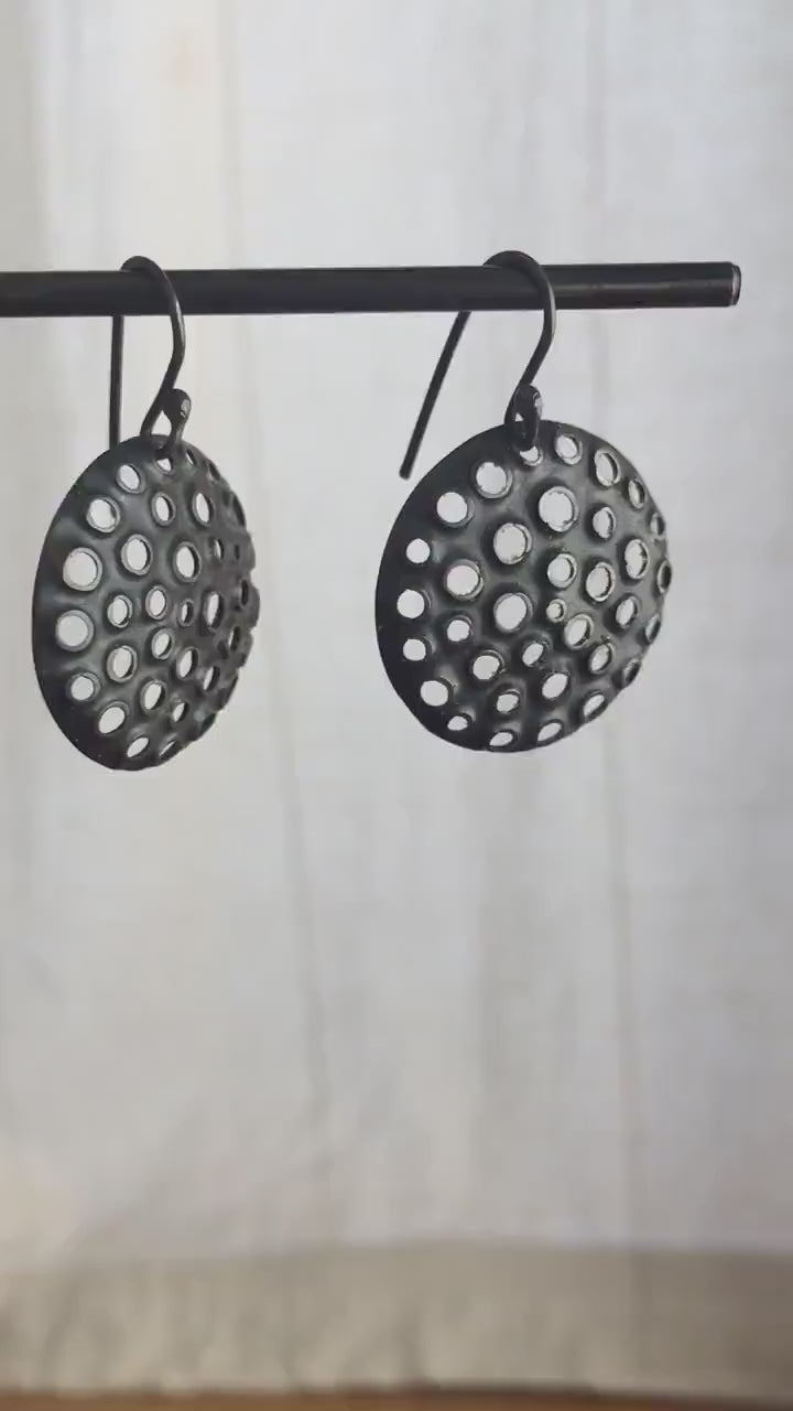 25mm round disc dangle earrings, perforated black silver