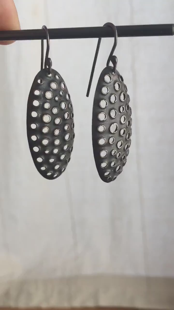 38mm oval dangle, oxidized black, sterling silver earrings