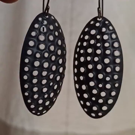 50mm oval black sterling silver dangle earrings, perforated mesh metal