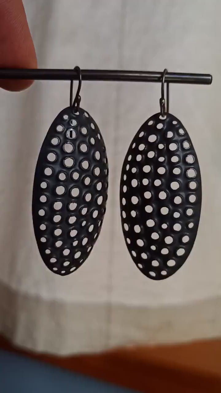 50mm oval black sterling silver dangle earrings, perforated mesh metal