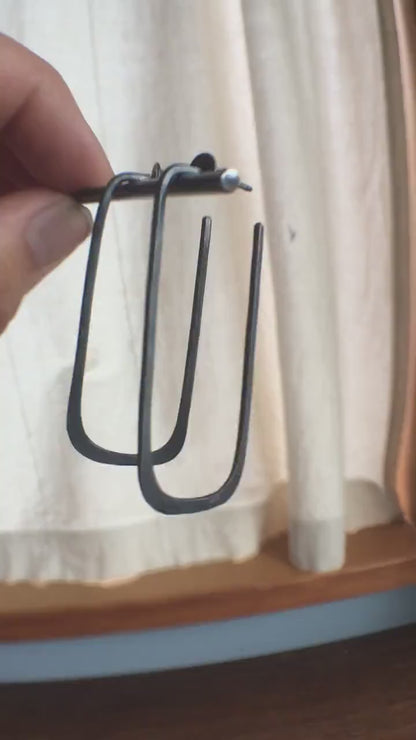 Long hammered rectangle, oxidized black silver hoop earrings