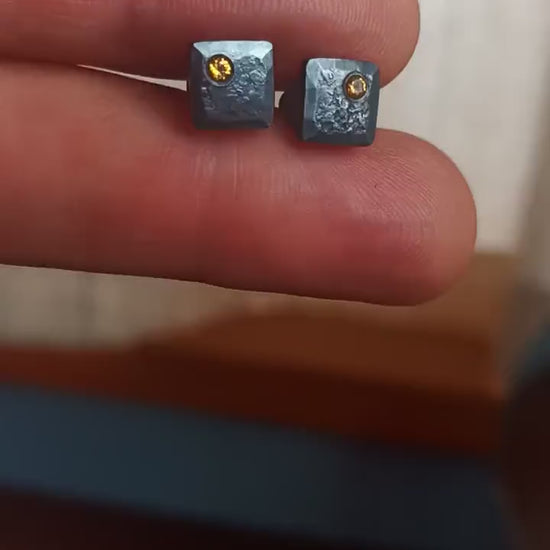 Canary yellow diamond and oxidized black silver stud earrings