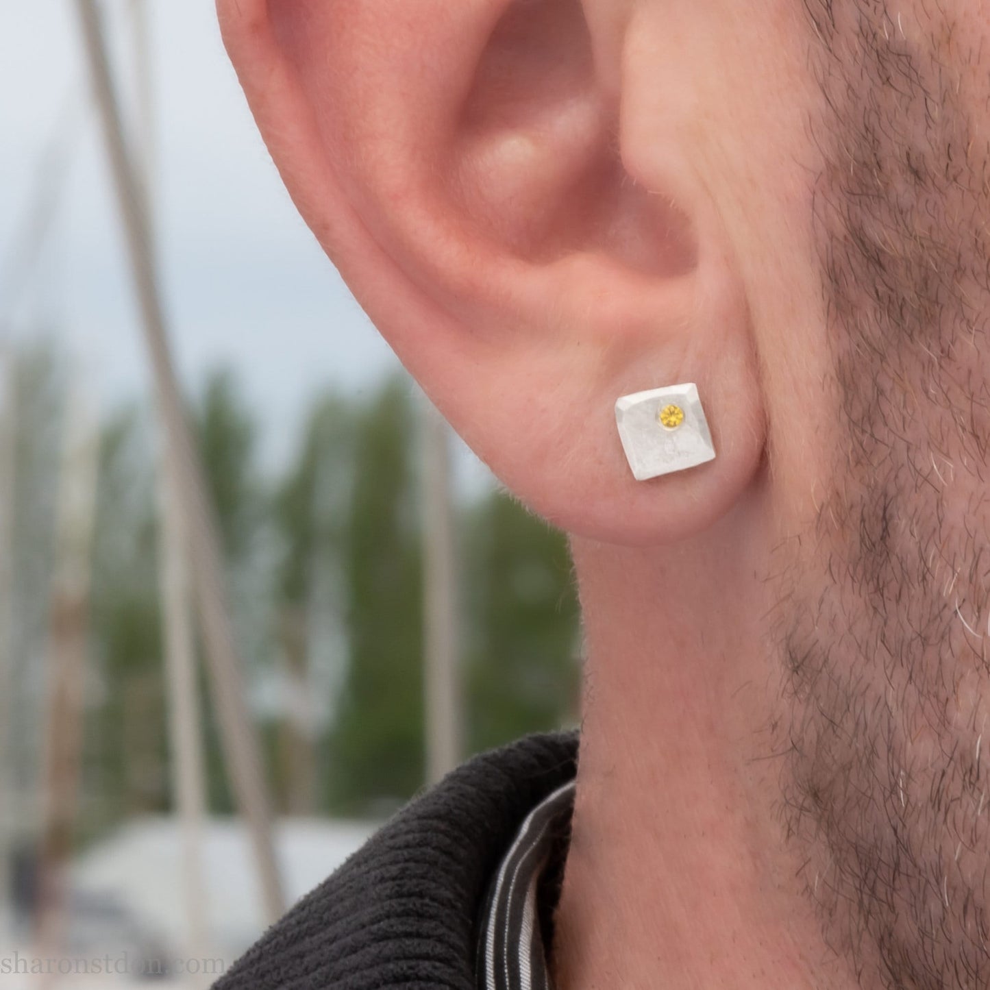 925 sterling silver square stud earrings with lab grown golden yellow topaz gemstones. 925 sterling silver handmade by Sharon SaintDon in North America. 7mm x 7mm, 1.5 thick with 2mm round flush set stone in corner. Silver posts and backs.