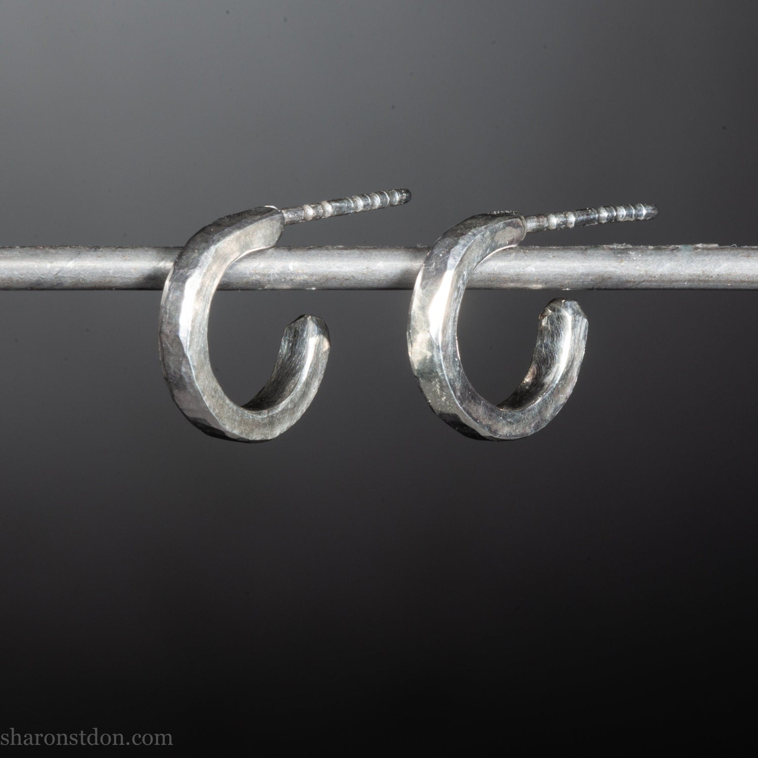 Handmade solid sterling silver hoop earrings, hammered by hand with a matte, brushed, shiny finish. SIZE: 12mm exterior diameter, 9mm interior, 2mm wide. and 1.5mm thick.