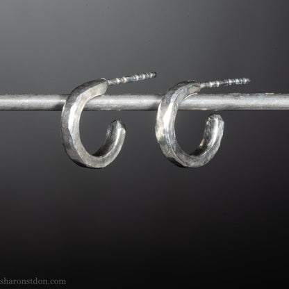 Handmade 12mm sterling silver hoop earrings with a hammered matte brushed finish.