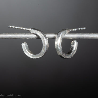 Handmade 12mm sterling silver hoop earrings with a hammered matte brushed finish.