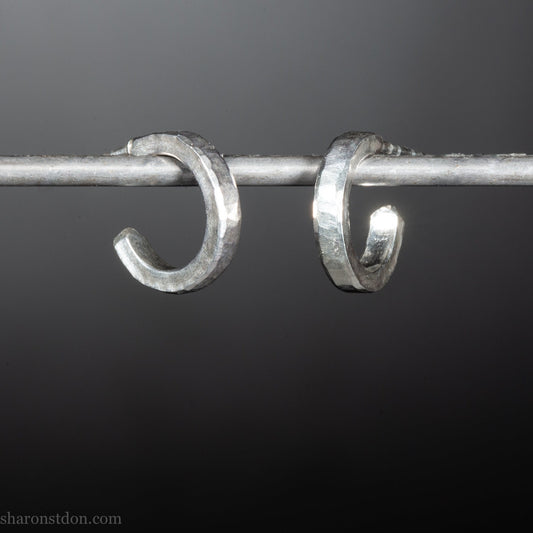 Handmade 12mm sterling silver hoop earrings with a hammered matte brushed finish.