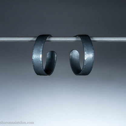 18mm x 4mm oxidized black 925 sterling silver hoop earrings, handmade in North America by Sharon SaintDon for men or women.
