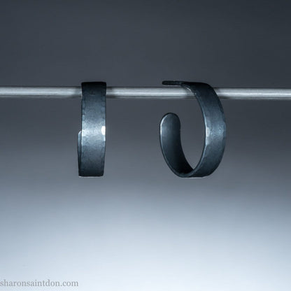 18mm x 4mm oxidized black 925 sterling silver hoop earrings, handmade in North America by Sharon SaintDon for men or women.