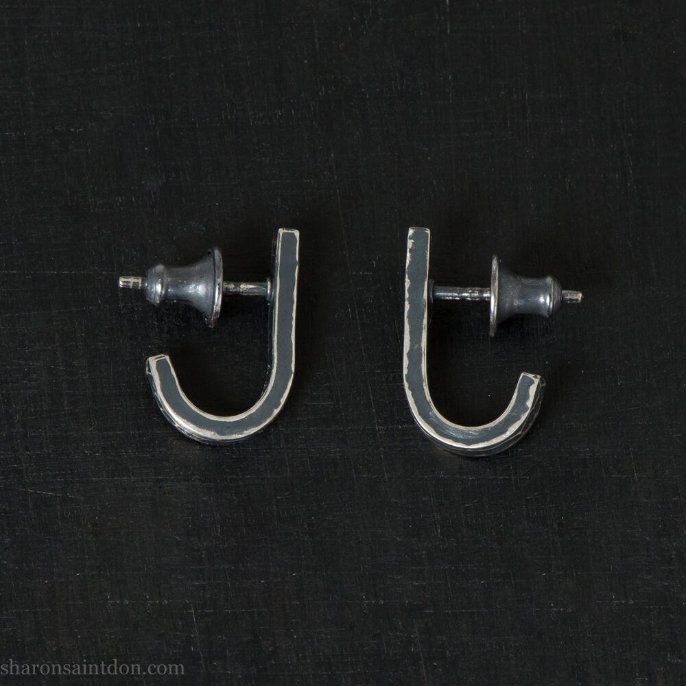 925 Sterling silver earrings, J wrap unique design, antiqued.
