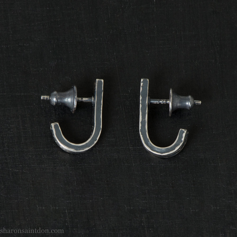 925 Sterling silver earrings, J wrap unique design, antique finish