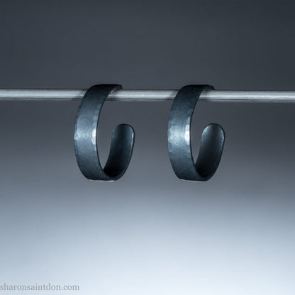 18mm x 4mm oxidized black 925 sterling silver hoop earrings, handmade in North America by Sharon SaintDon for men or women.