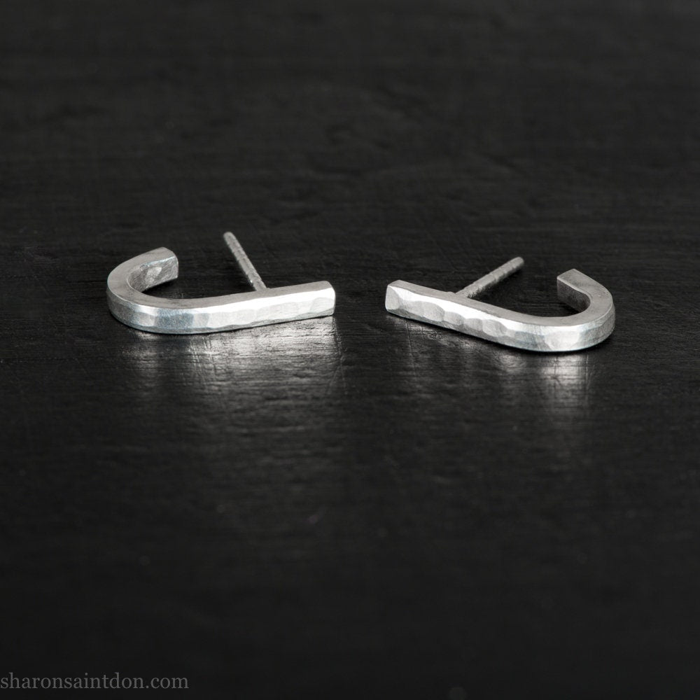 Small, solid silver huggie hoop earrings | Modern minimalist stud earrings for men or women | Sustainable, Eco conscious, fair trade jewelry