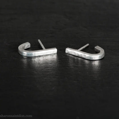 Small, solid silver huggie hoop earrings | Modern minimalist stud earrings for men or women | Sustainable, Eco conscious, fair trade jewelry
