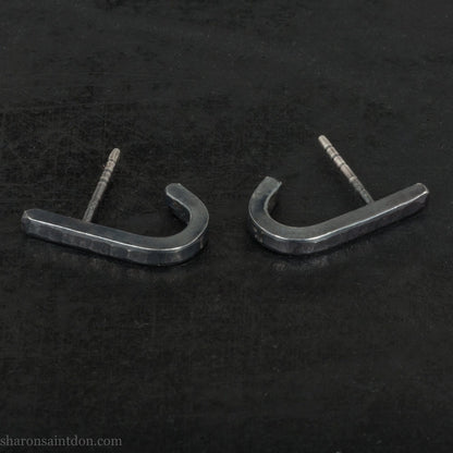 Small sterling silver huggie wrap hoop earrings | Modern, minimalist, oxidized black earrings for men or women, unisex.
