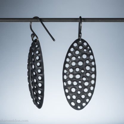 925 sterling silver handmade earrings for women. Comfortable, light, oval dangle earrings w/ mesh dots and ear wire hooks.