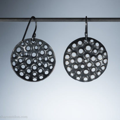 925 sterling silver handmade earrings for women. Comfortable, light, round disc, dangle earrings w/ mesh dots and ear wire hooks.