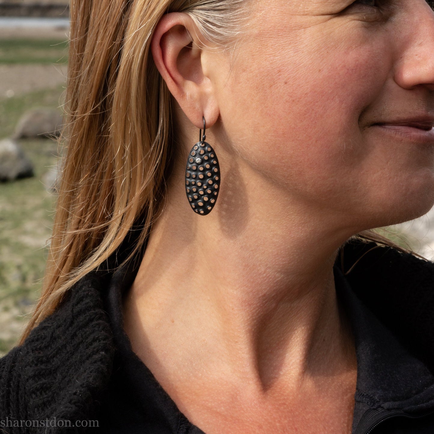 38mm oval black silver dangle earrings with cubic zirconia