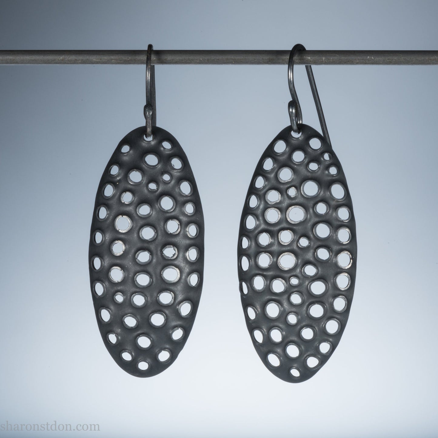 925 sterling silver handmade earrings for women. Comfortable, light, oval dangle earrings w/ mesh dots and ear wire hooks.