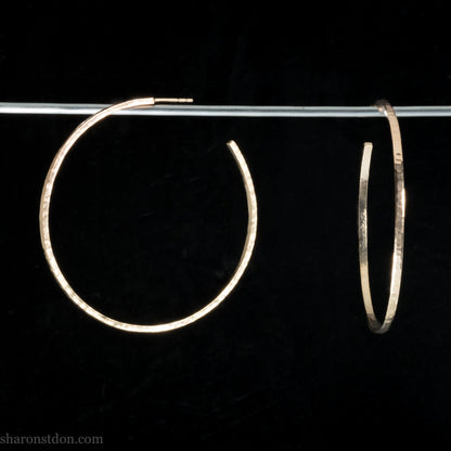 18k yellow gold hoop earrings 50mm diameter, 2mm wide, 1.5mm thick. High quality, handmade with hammered texture.