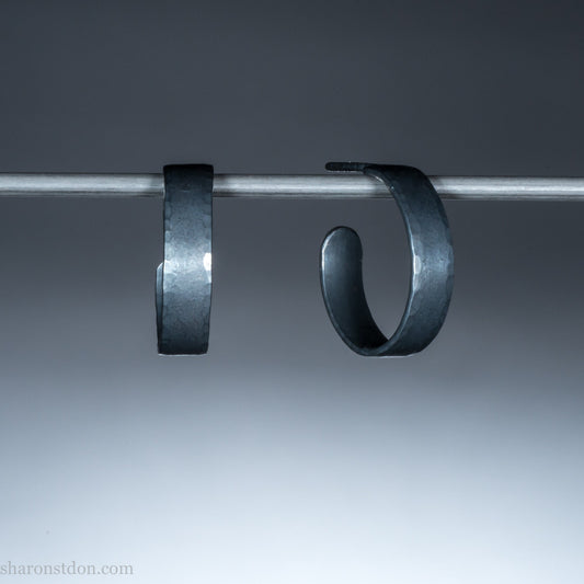 18mm x 4mm oxidized black 925 sterling silver hoop earrings, handmade in North America by Sharon SaintDon for men or women.
