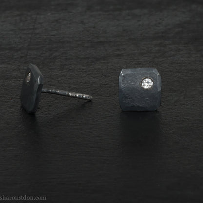 Handmade 925 sterling silver stud earrings with imitation diamond gemstone in the corner. Oxidized black, small square stud earrings made by Sharon SaintDon in North America. 7mm x 7mm x 1.5mm