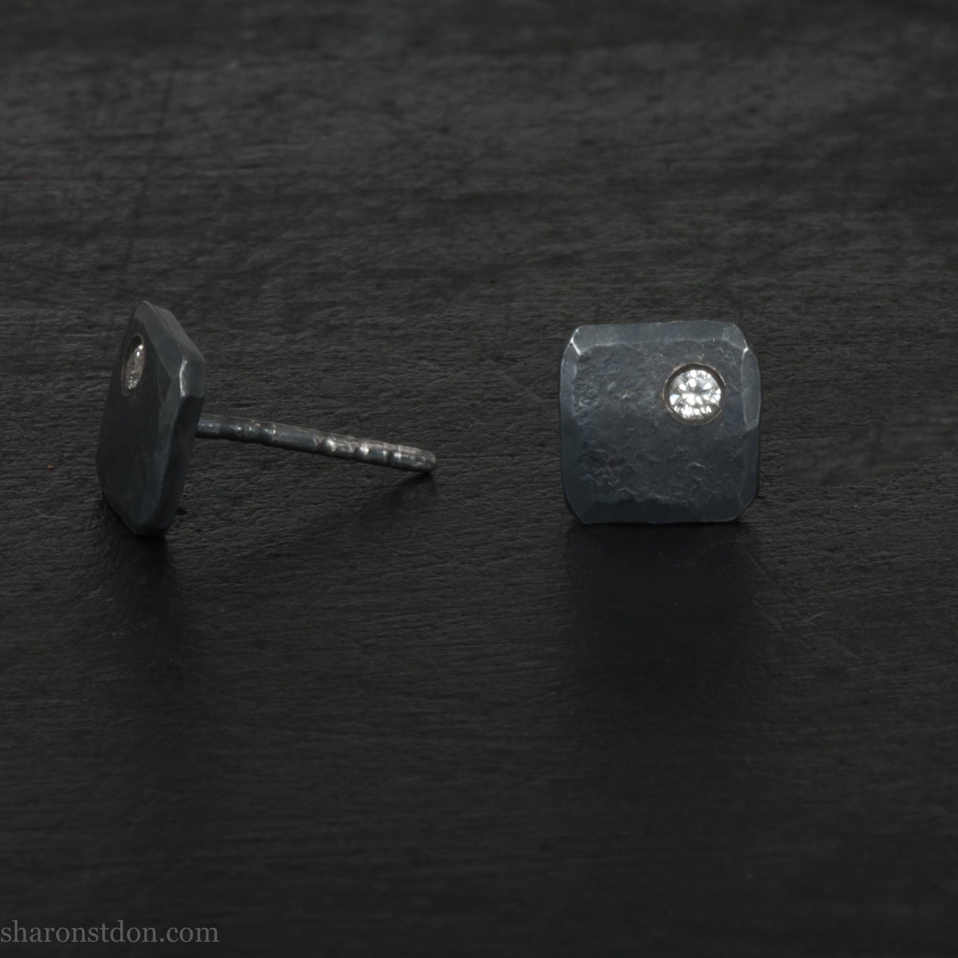 Imitation diamond and oxidized black 925 sterling silver stud earrings for men or women, non binary | Handmade, 7mm square, hammered silver