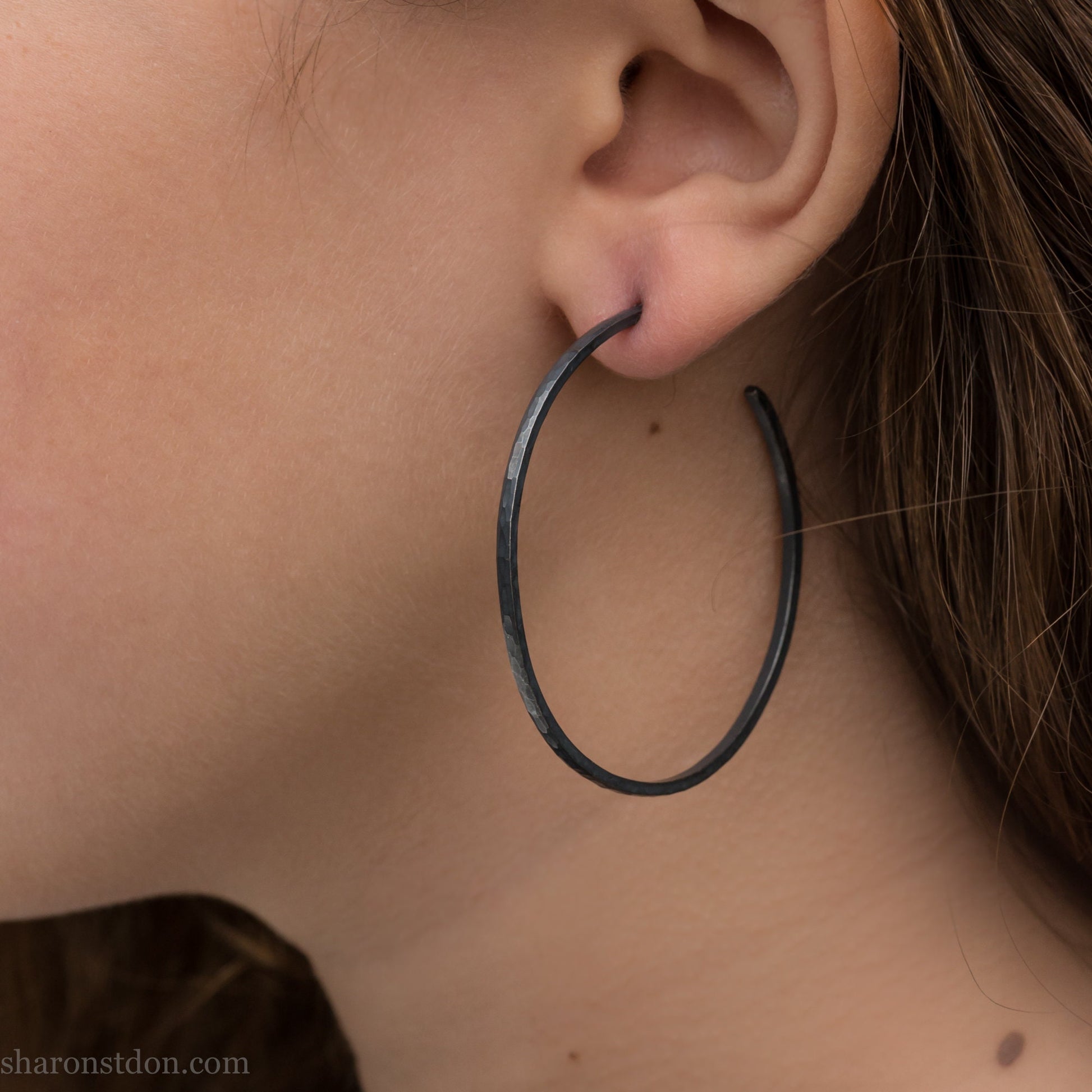 50mm x 2mm 925 sterling silver hoop earrings for women | Large, minimalist, oxidized black silver hoops | Handmade unique  gift for her