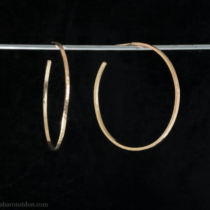 18k yellow gold hoop earrings 50mm diameter, 2mm wide, 1.5mm thick. High quality, handmade with hammered texture.