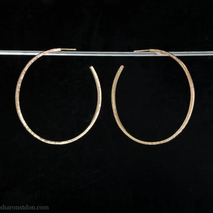 18k yellow gold hoop earrings 50mm diameter, 2mm wide, 1.5mm thick. High quality, handmade with hammered texture.