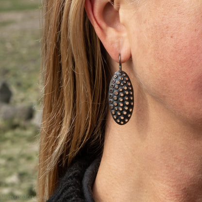 925 sterling silver handmade earrings for women. Comfortable, light, oval dangle earrings w/ mesh dots and ear wire hooks.