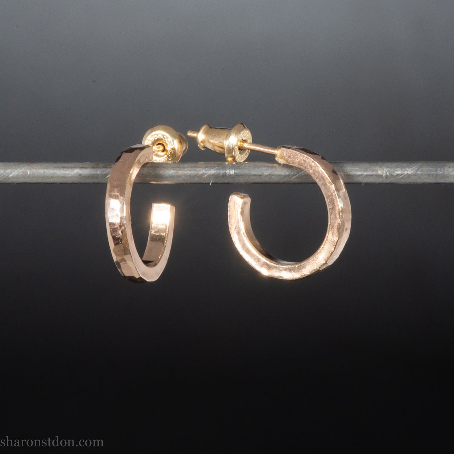 14mm x 2mm small 14k gold hoop earrings | Handmade, solid hammered gold hoop earrings | Handmade, eco conscious gift for men or women