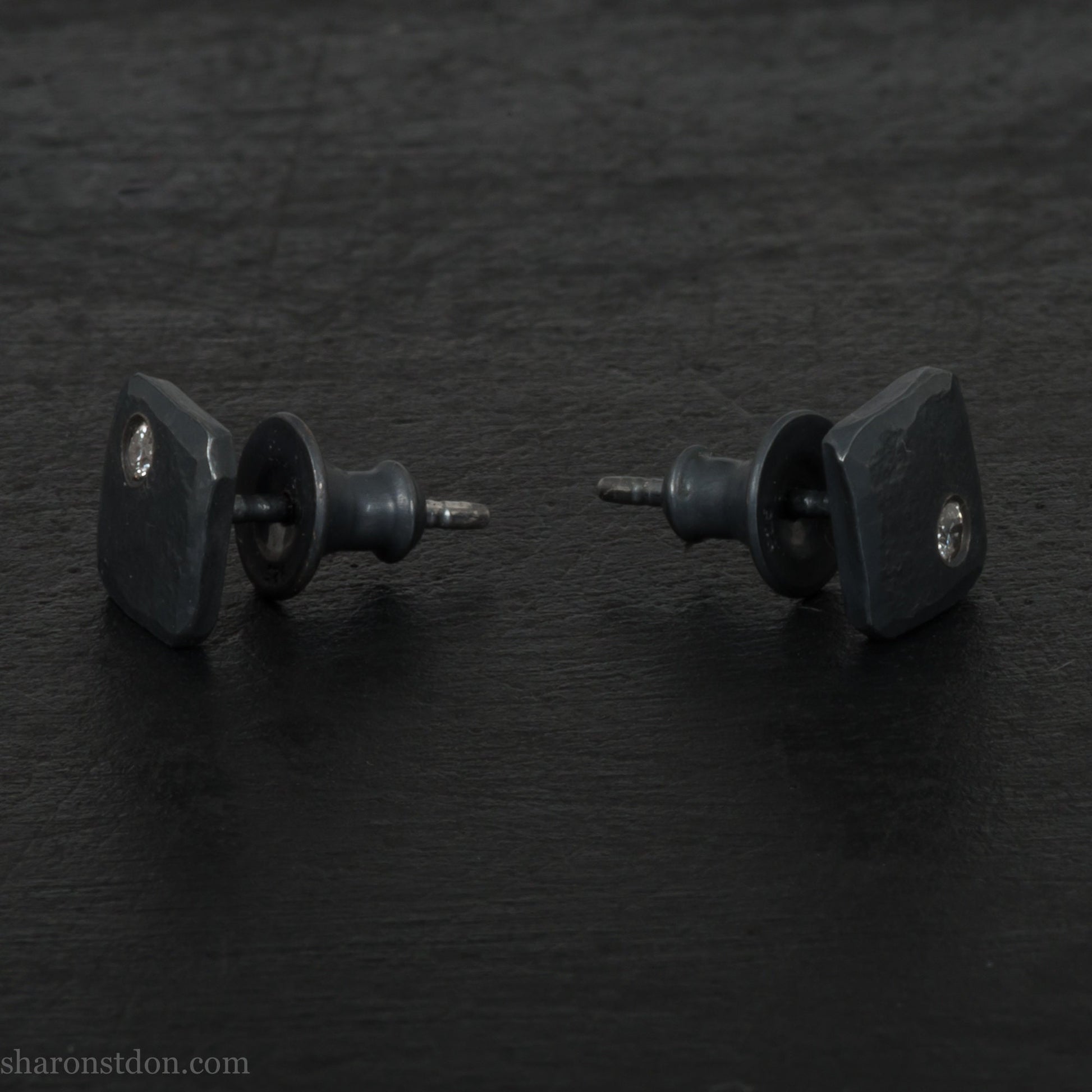 Canadian diamond 7mm square studs | Oxidized black 925 sterling silver stud earrings for men or women, non binary | Handmade, unique design