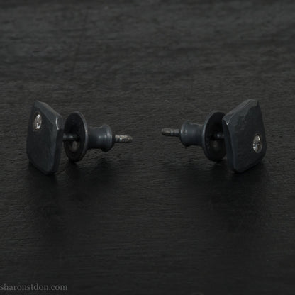Handmade 925 sterling silver stud earrings with imitation diamond gemstone in the corner. Oxidized black, small square stud earrings made by Sharon SaintDon in North America. 7mm x 7mm x 1.5mm