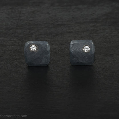 Handmade 925 sterling silver stud earrings with imitation diamond gemstone in the corner. Oxidized black, small square stud earrings made by Sharon SaintDon in North America. 7mm x 7mm x 1.5mm