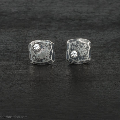 Handmade 925 sterling silver stud earrings with cubic zirconia gemstones. Daily wear small square stud earrings made by Sharon SaintDon in North America.