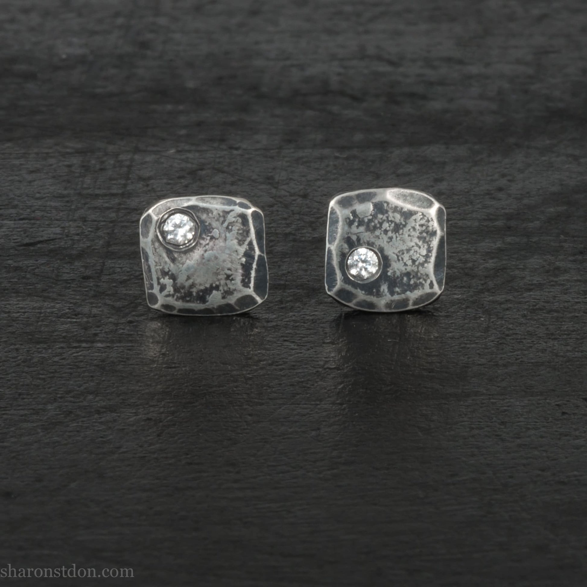 Handmade 925 sterling silver stud earrings with imitation diamond gemstones. Daily wear small square stud earrings made by Sharon SaintDon in North America.
