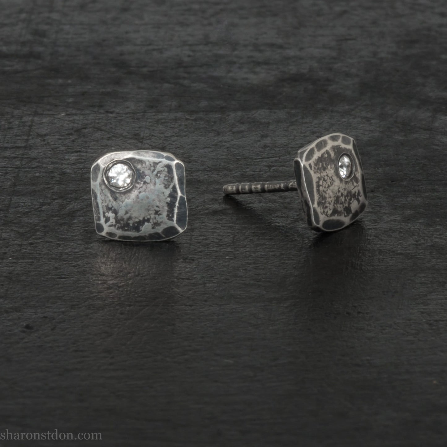 Imitation diamond stud earrings for men or women, non binary | 7mm square, 925 sterling silver studs with antique finish
