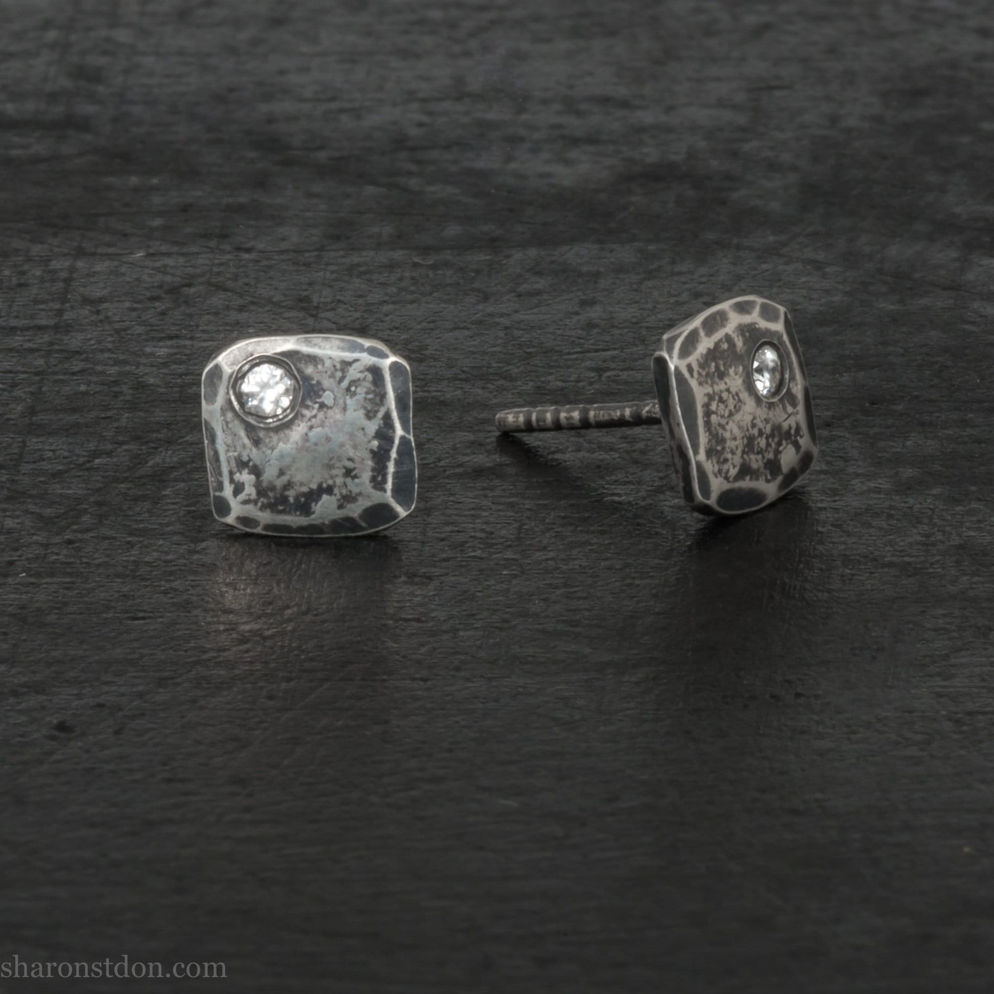 Handmade 925 sterling silver stud earrings with cubic zirconia gemstones. Daily wear small square stud earrings made by Sharon SaintDon in North America.