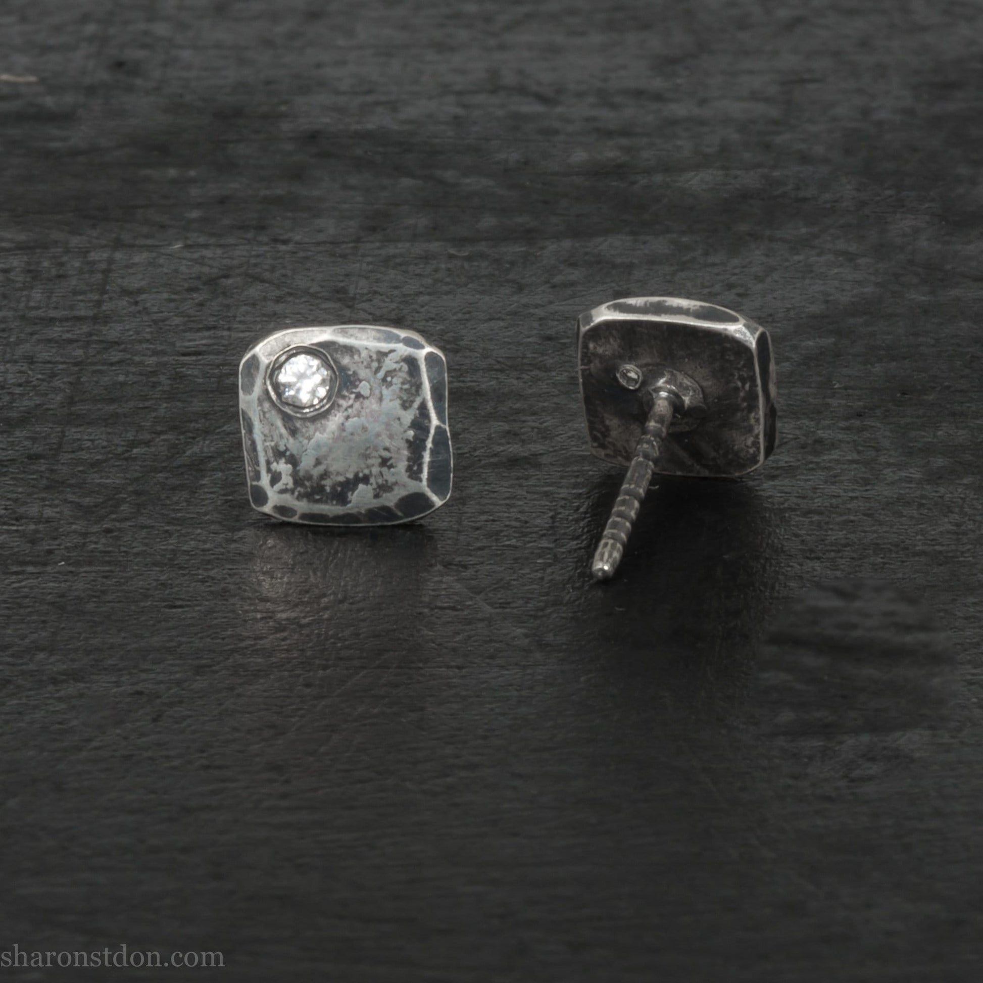 Handmade 925 sterling silver stud earrings with imitation diamond gemstones. Daily wear small square stud earrings made by Sharon SaintDon in North America.