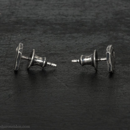 Handmade 925 sterling silver stud earrings with cubic zirconia gemstones. Daily wear small square stud earrings made by Sharon SaintDon in North America.
