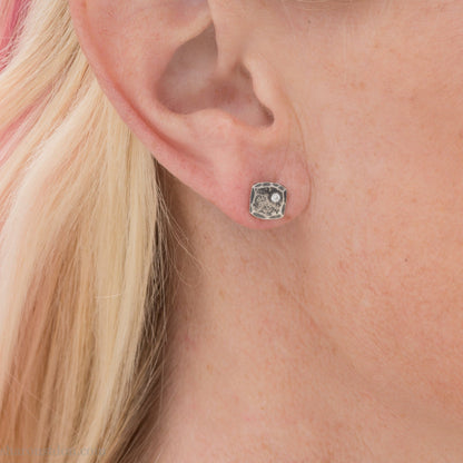 Handmade 925 sterling silver stud earrings with cubic zirconia gemstones. Daily wear small square stud earrings made by Sharon SaintDon in North America.