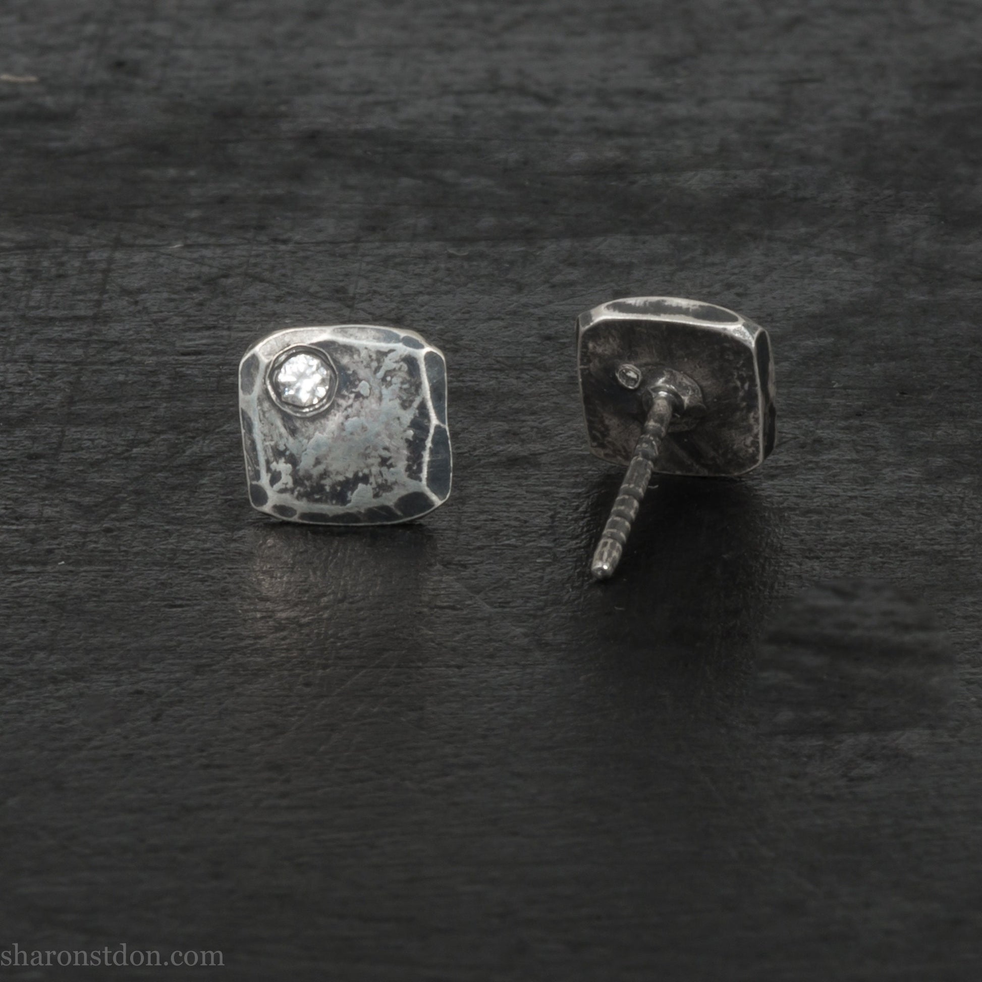 Handmade 925 sterling silver stud earrings with cubic zirconia gemstones. Small 7mm square stud post earrings made by Sharon SaintDon in North America.