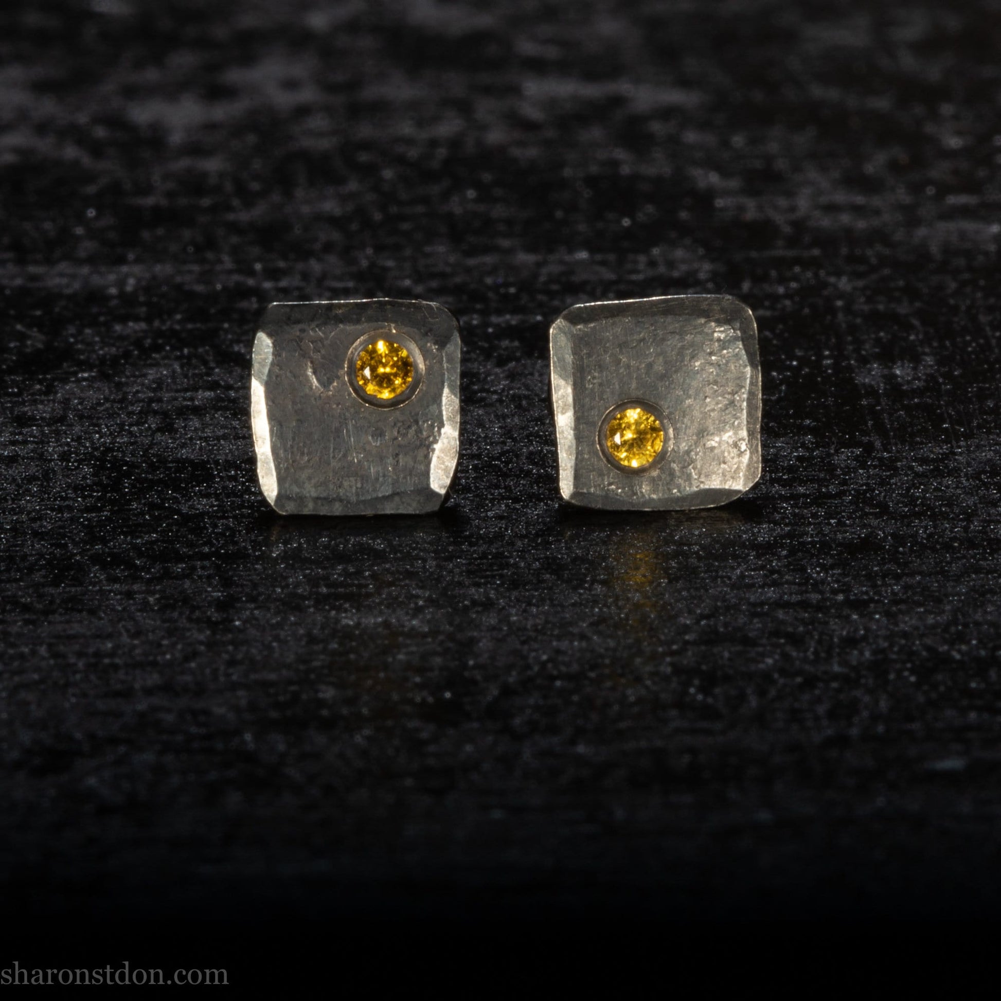 Handmade gemstone stud earrings. Oxidized black 925 sterling silver with canary yellow diamonds. Made by Sharon SaintDon in North America.